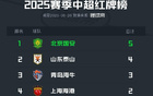中超上段紅牌榜：國(guó)安領(lǐng)跑5張，山東次之4張，海牛第三。